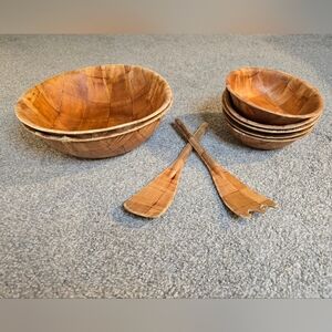 Vintage MCM Formosa Wood Woven Checked 9 Piece Salad Bowl Spoon & Fork Set